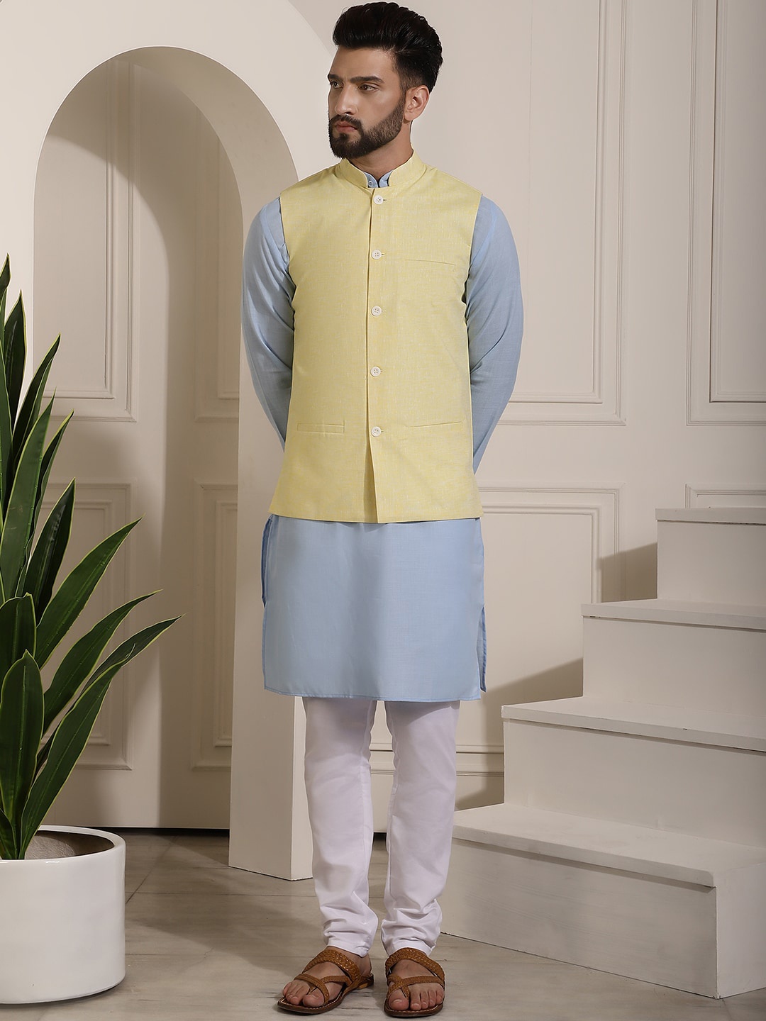 

SOJANYA Band Collar Straight Pure Cotton Kurta & Churidar with Nehru jacket, Blue