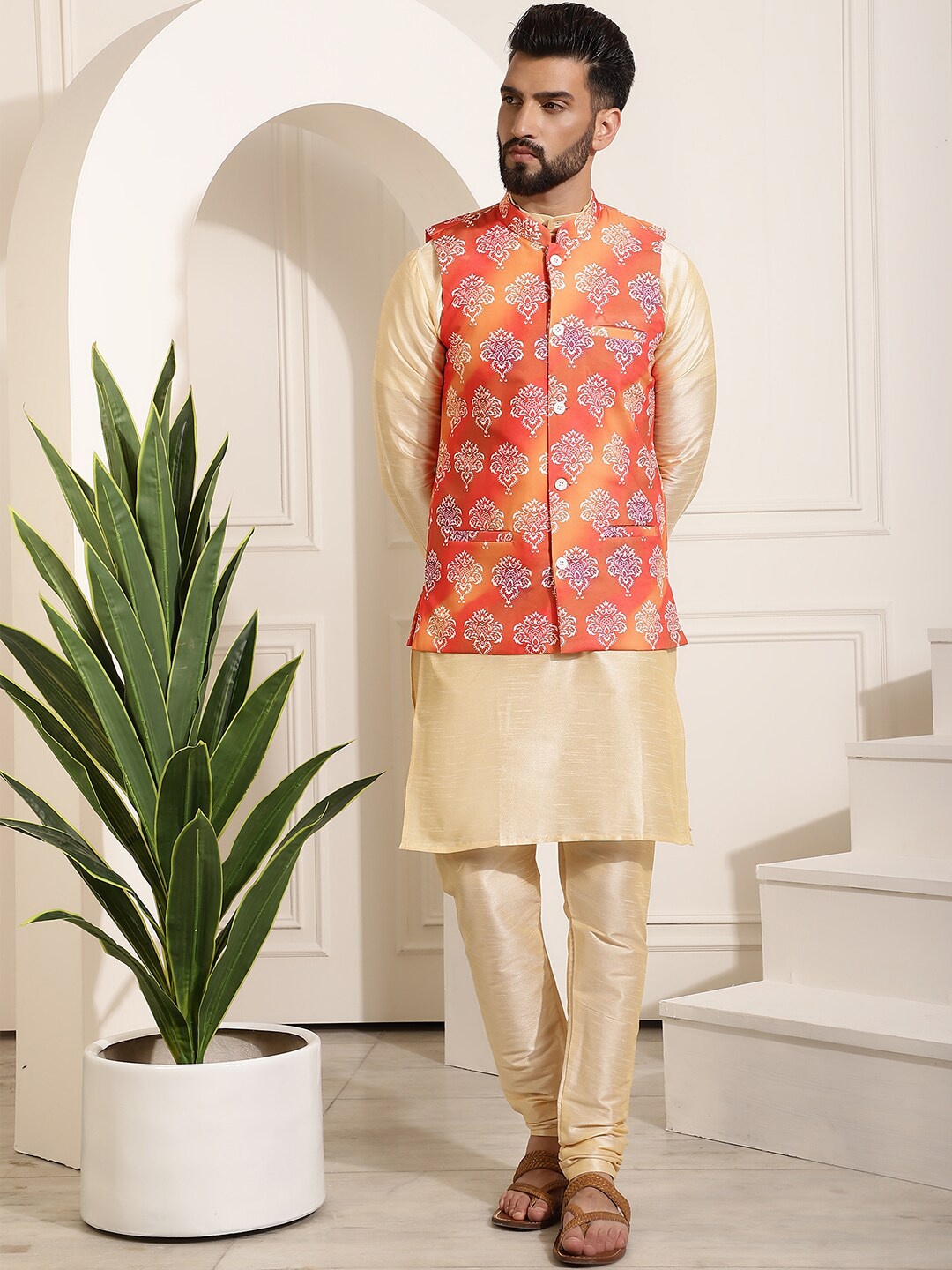 

SOJANYA Band Collar Straight Kurta & Churidar with Nehru Jacket, Gold