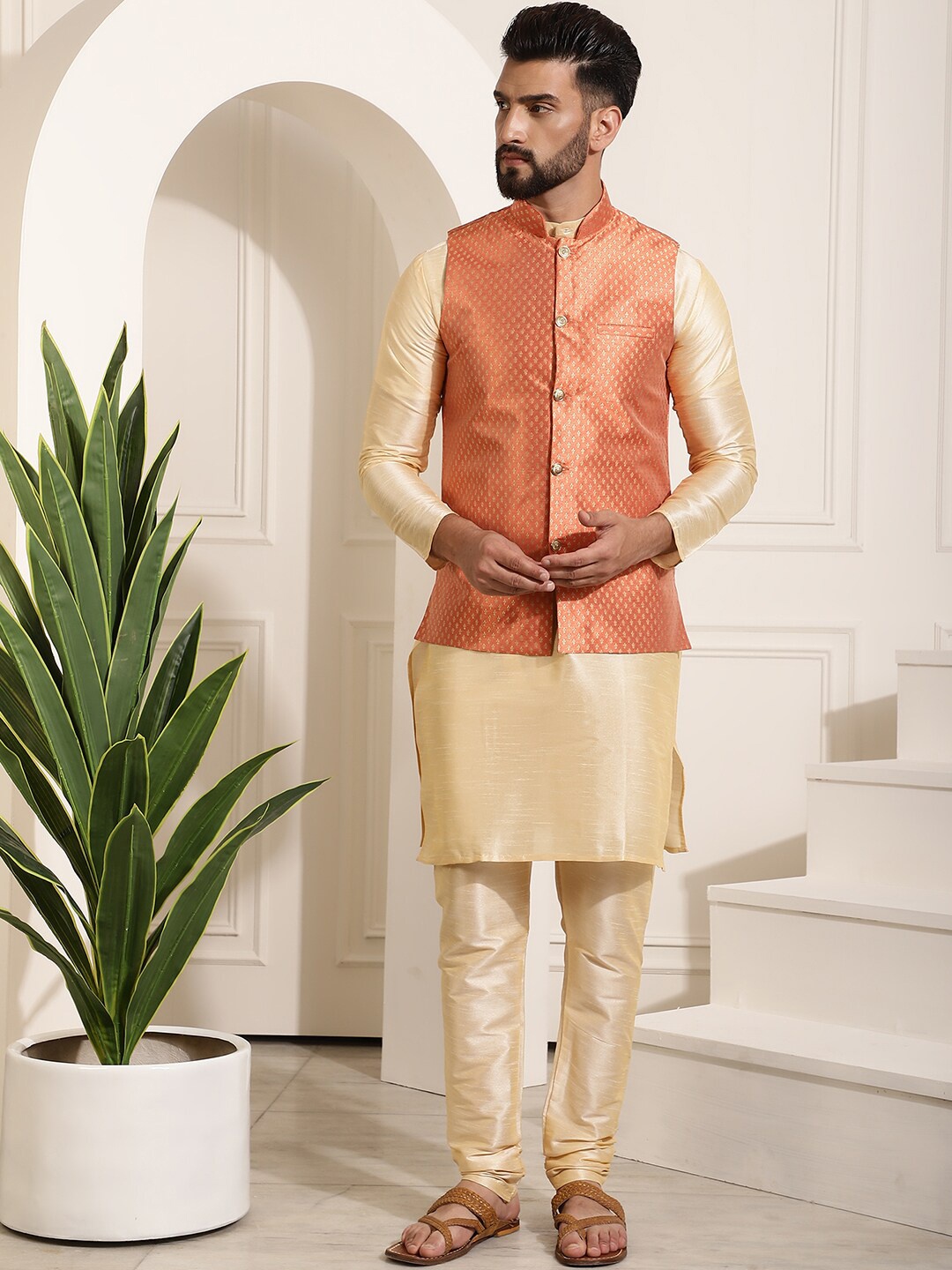 

SOJANYA Mandarin Collar Regular Kurta & Churidar With Nehru Jacket, Gold