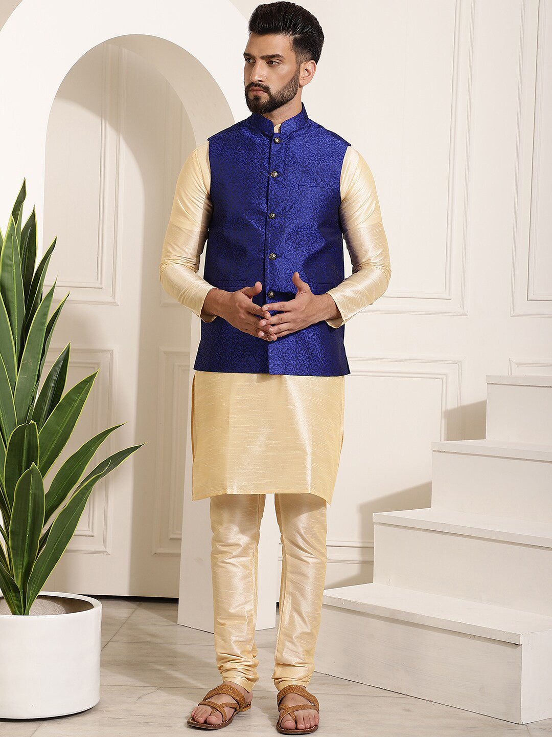 

SOJANYA Mandarin Collar Regular Kurta & Churidar With Nehru Jacket, Gold