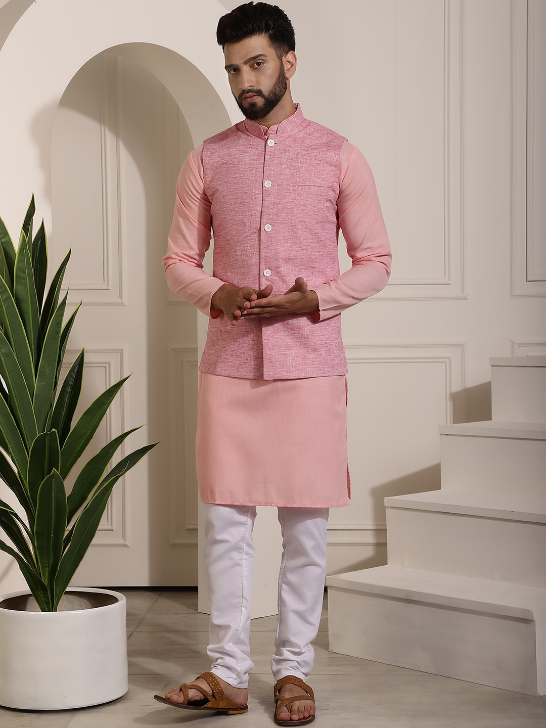 

SOJANYA Mandarin Collar Regular Cotton Kurta & Churidar With Nehru Jacket, Pink