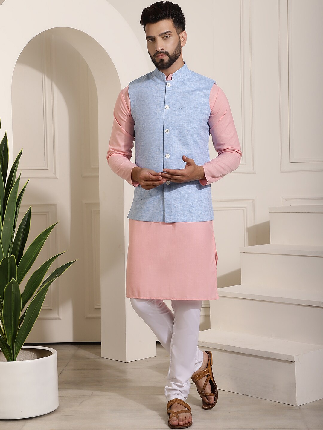 

SOJANYA Mandarin Collar Regular Cotton Kurta & Churidar With Nehru Jacket, Pink