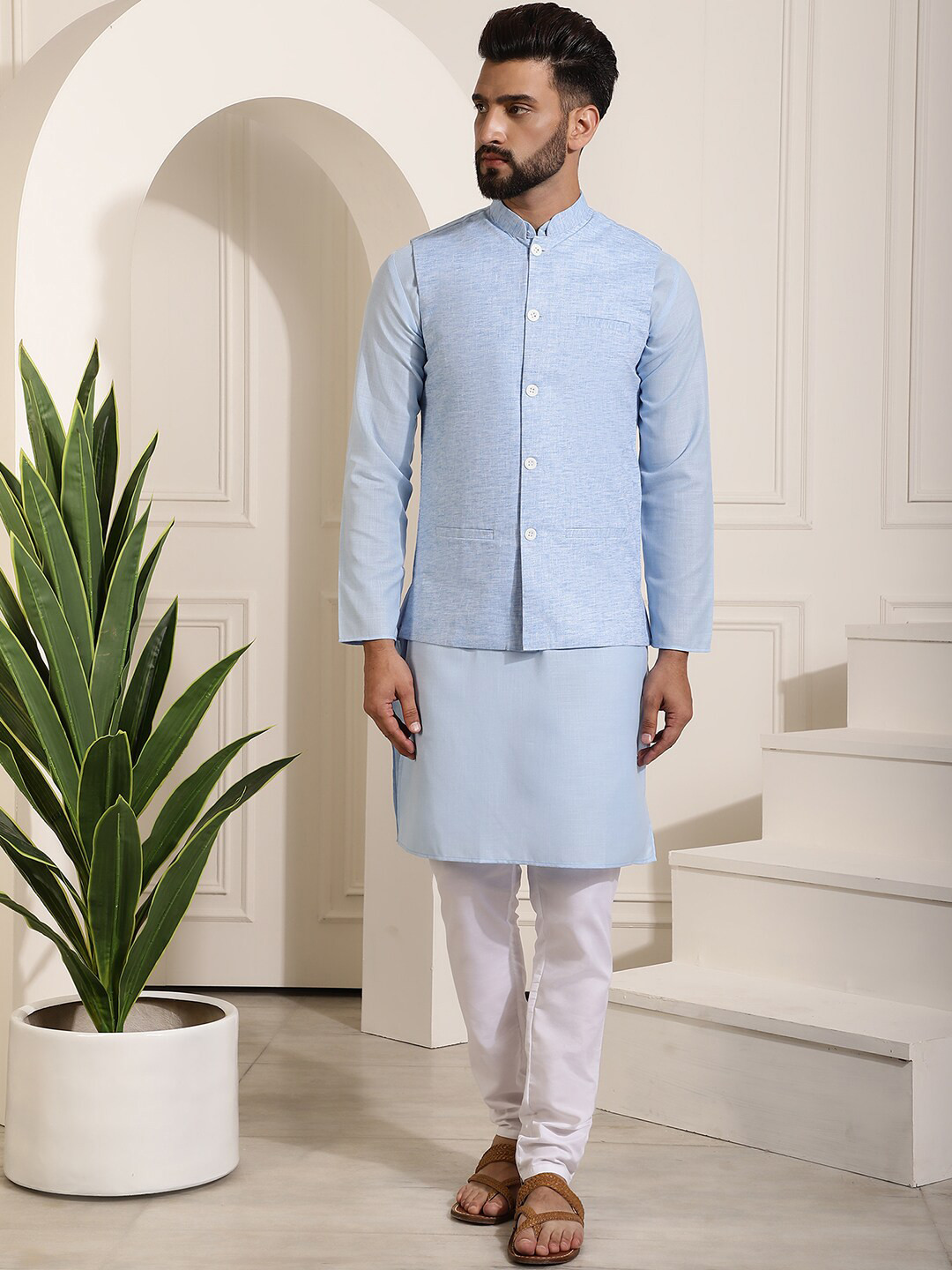 

SOJANYA Mandarin Collar Regular Cotton Kurta & Churidar With Nehru Jacket, Blue