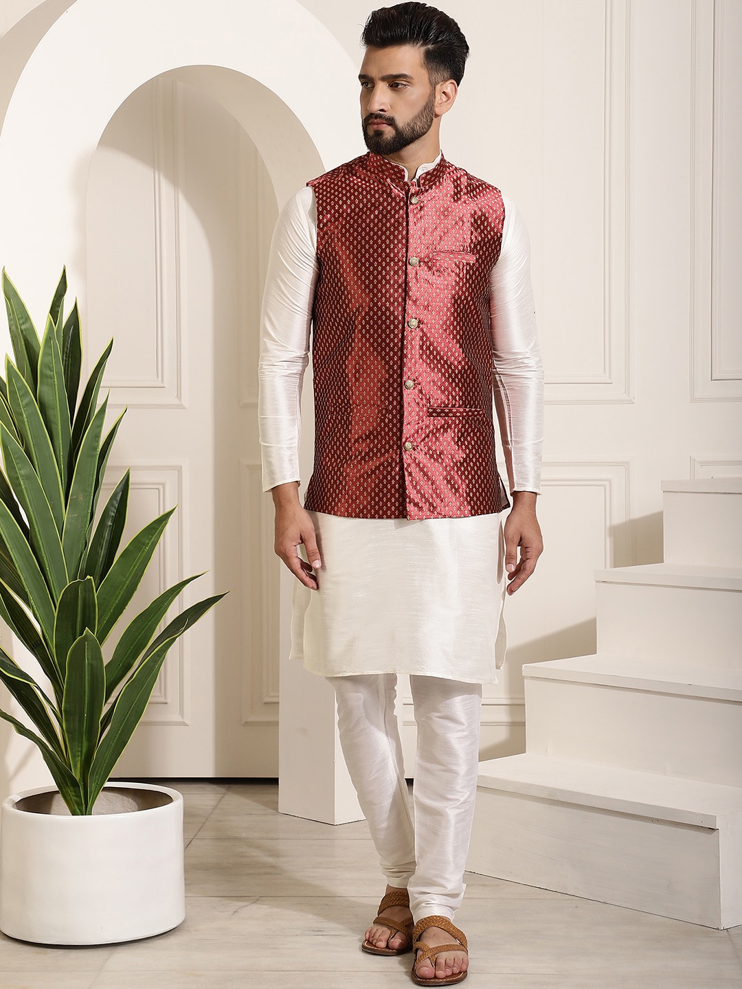 

SOJANYA Band Collar Straight Kurta & Churidar with Nehru Jacket, Cream