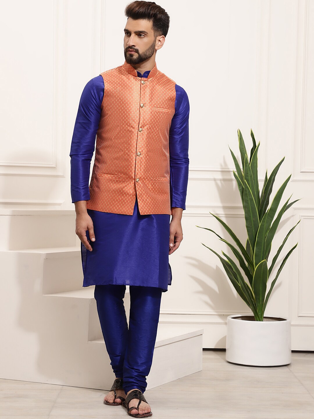

SOJANYA Mandarin Collar Regular Kurta & Churidar With Nehru Jacket, Blue