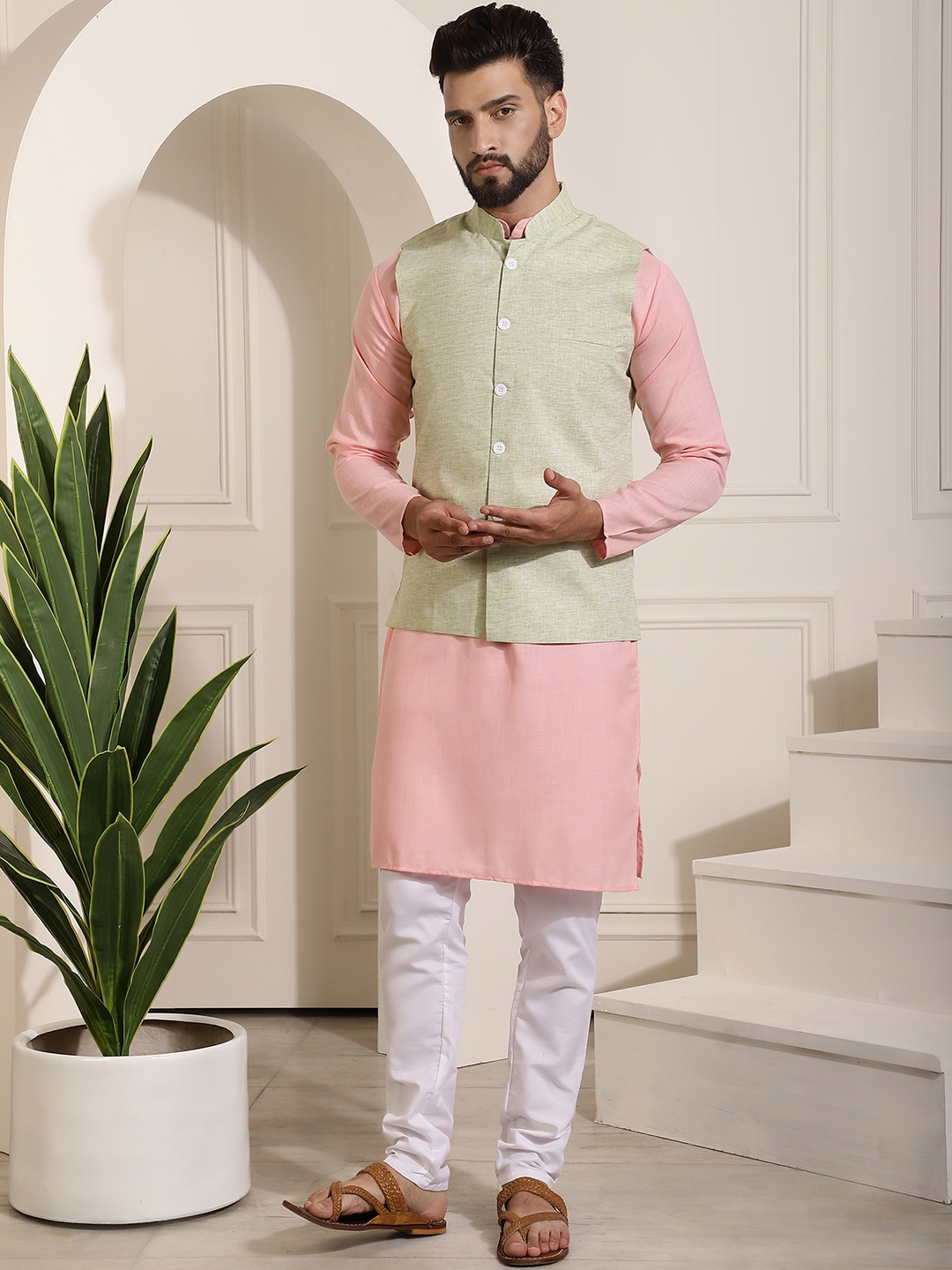 

SOJANYA Band Collar Pure Cotton Straight Kurta & Churidar with Nehru Jacket, Pink
