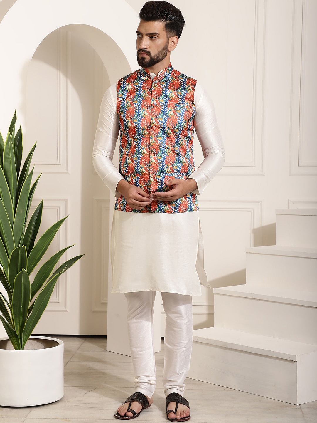 

SOJANYA Band Collar Straight Kurta & Churidar with Nehru Jacket, Cream