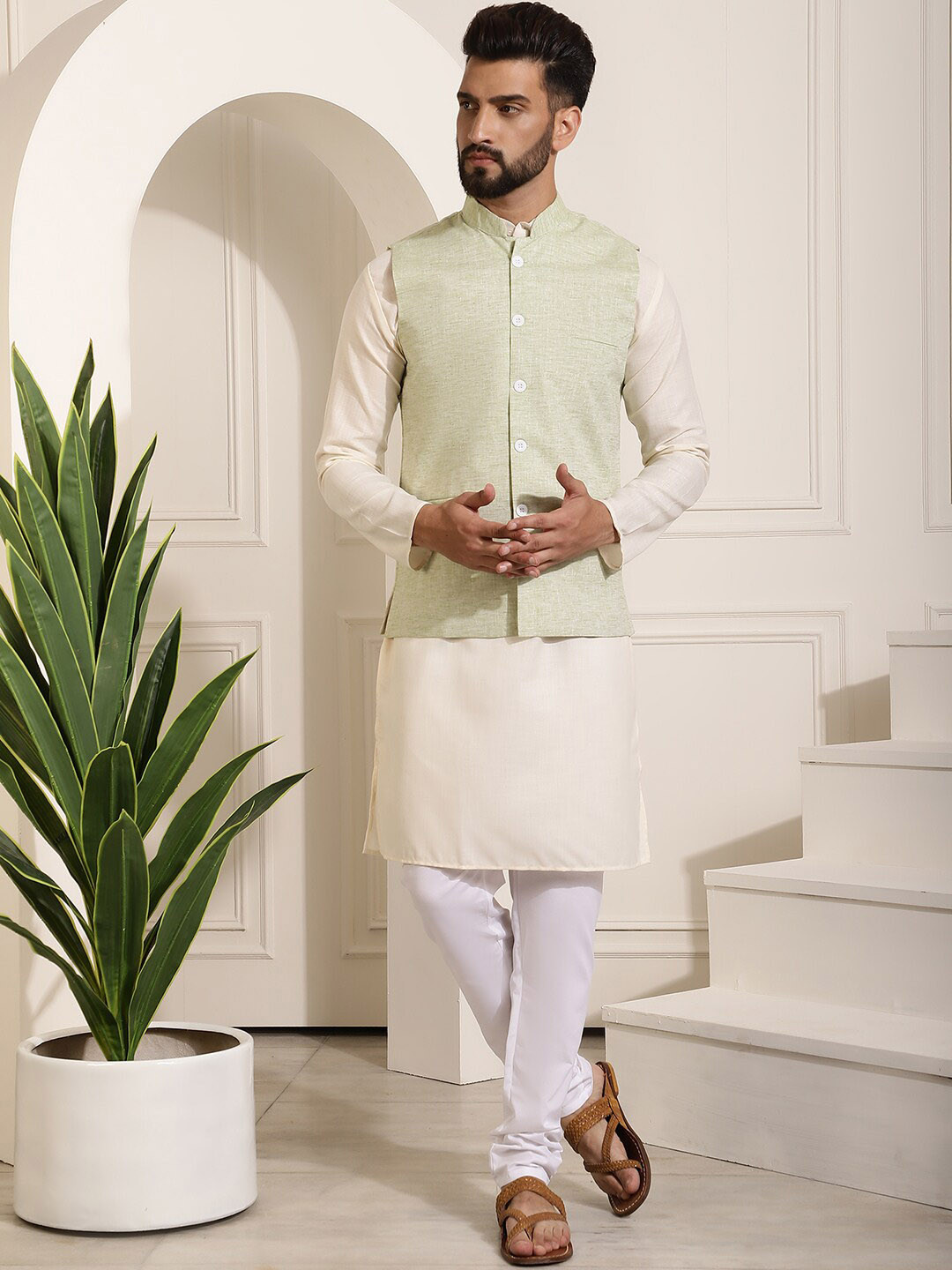 

SOJANYA Band Collar Pure Cotton Straight Kurta & Churidar with Nehru Jacket, Cream