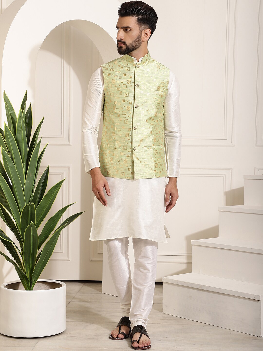 

SOJANYA Band Collar Straight Kurta & Churidar with Nehru Jacket, Cream