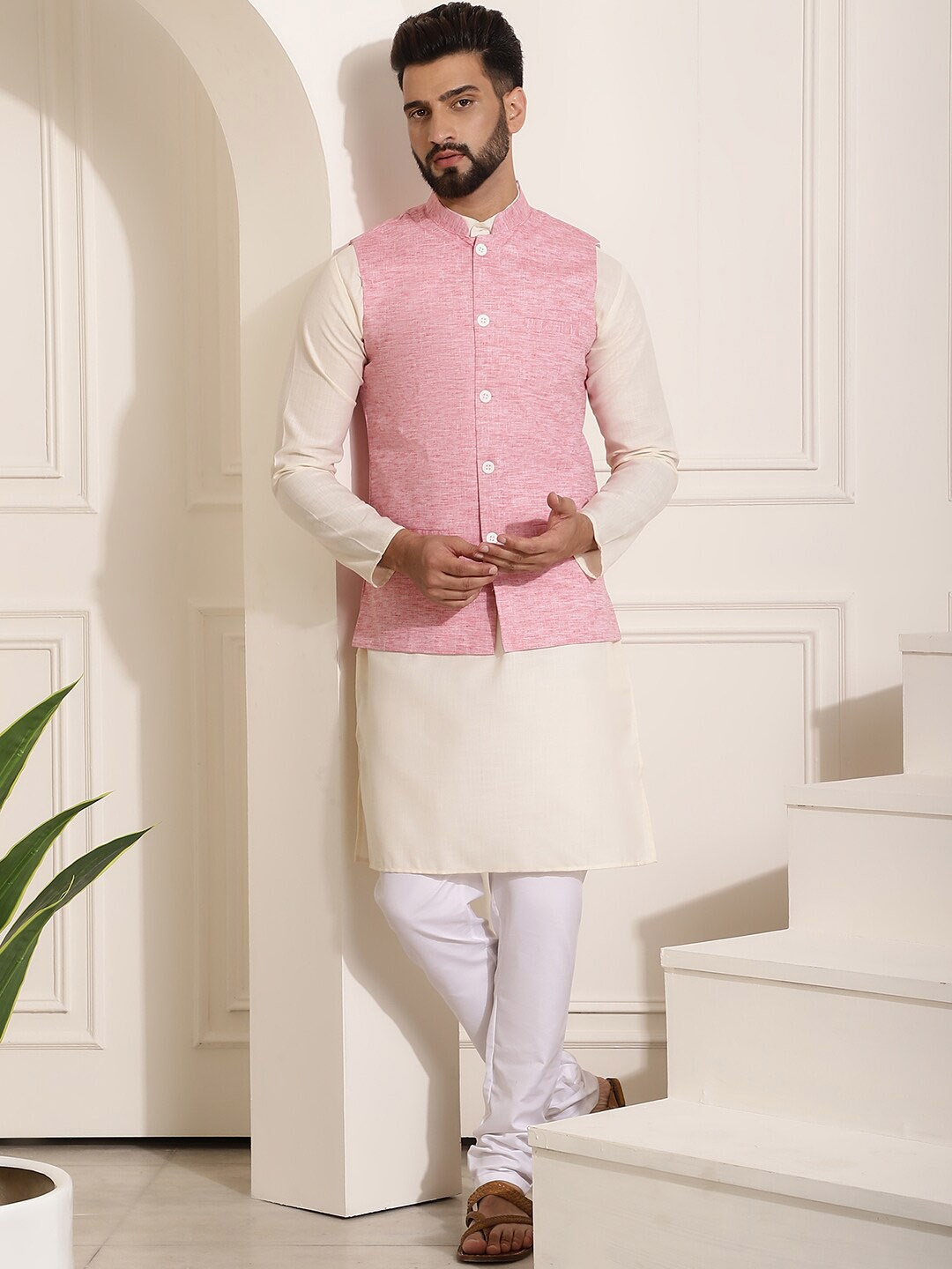 

SOJANYA Band Collar Pure Cotton Straight Kurta & Churidar with Nehru Jacket, Cream