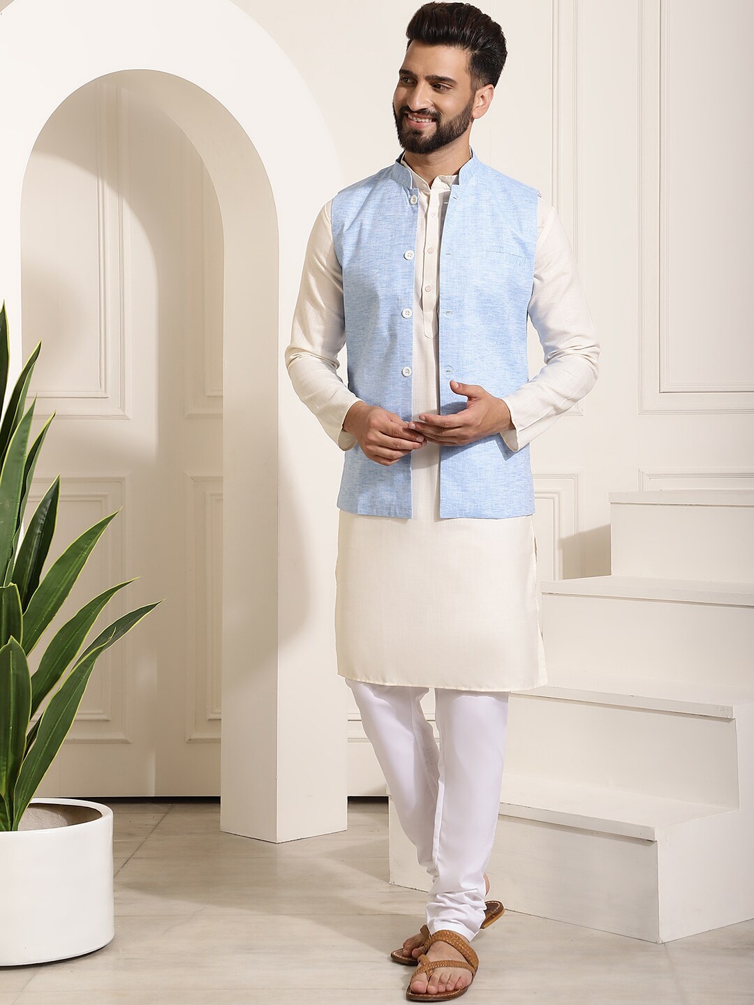 

SOJANYA Band Collar Straight Pure Cotton Kurta & Churidar with Nehru Jacket, Cream