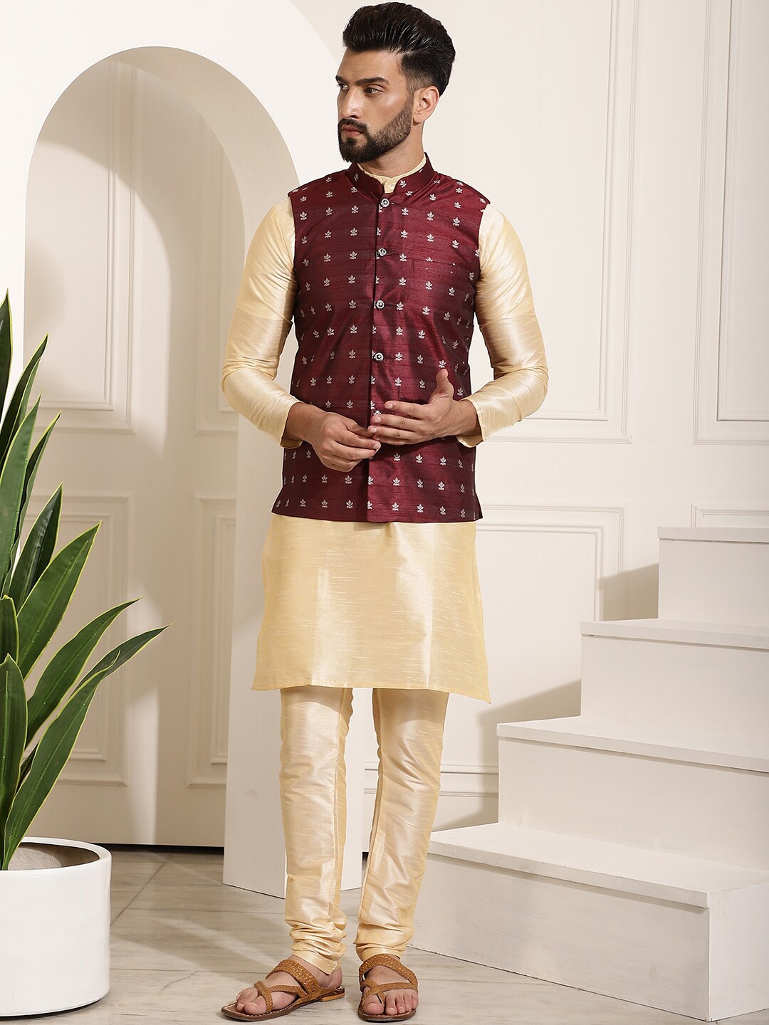 

SOJANYA Band Collar Straight Kurta & Churidar with Nehru Jacket, Gold