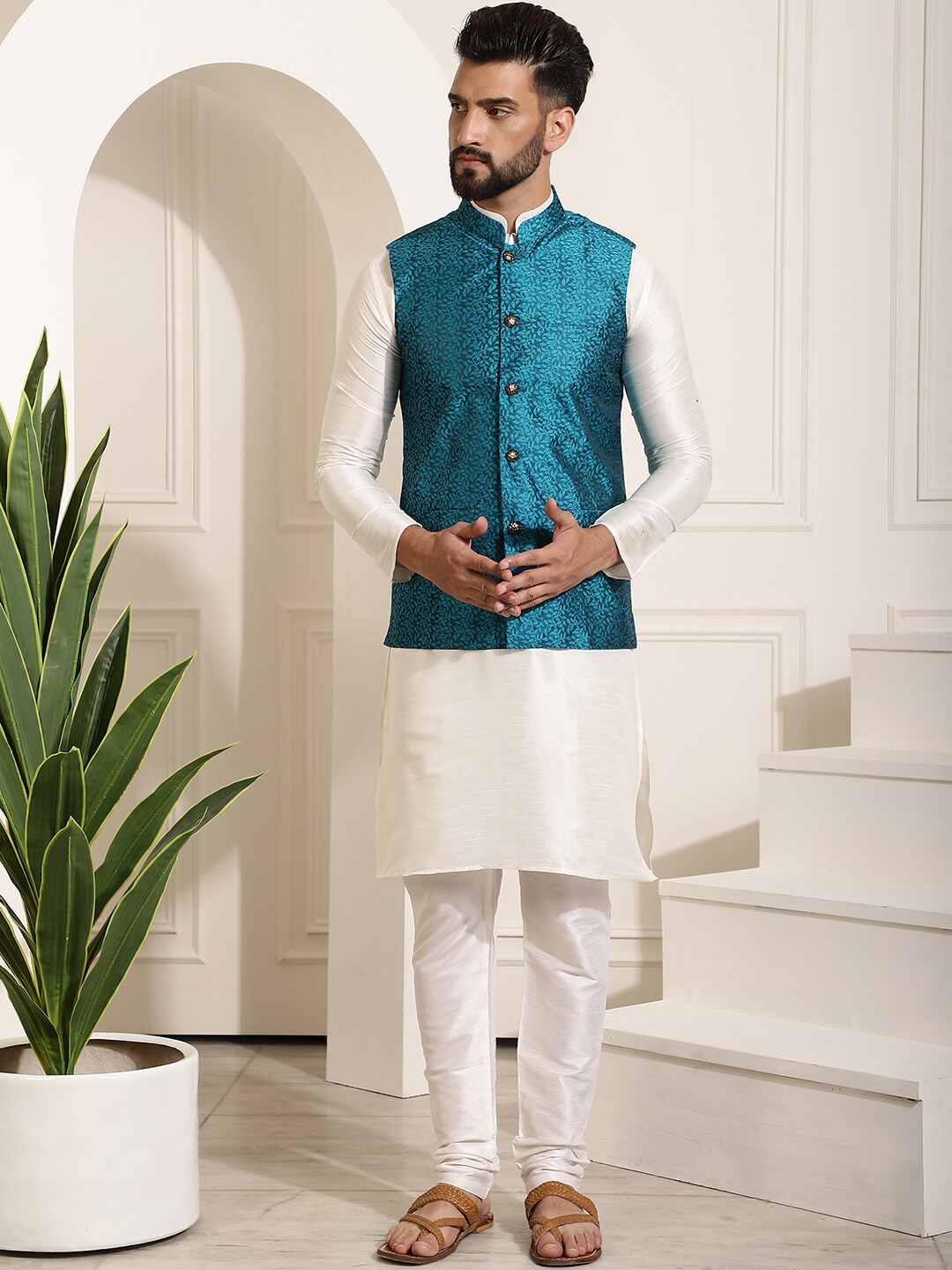 

SOJANYA Band Collar Straight Kurta & Churidar with Nehru Jacket, Cream