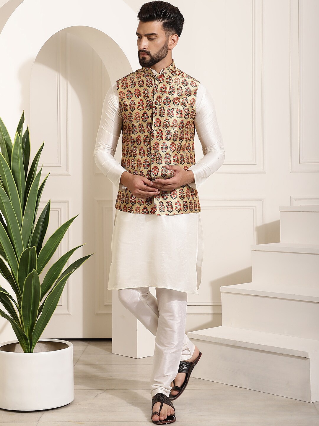 

SOJANYA Mandarin Collar Kurta With Churidar & Printed Nehru jacket, Cream