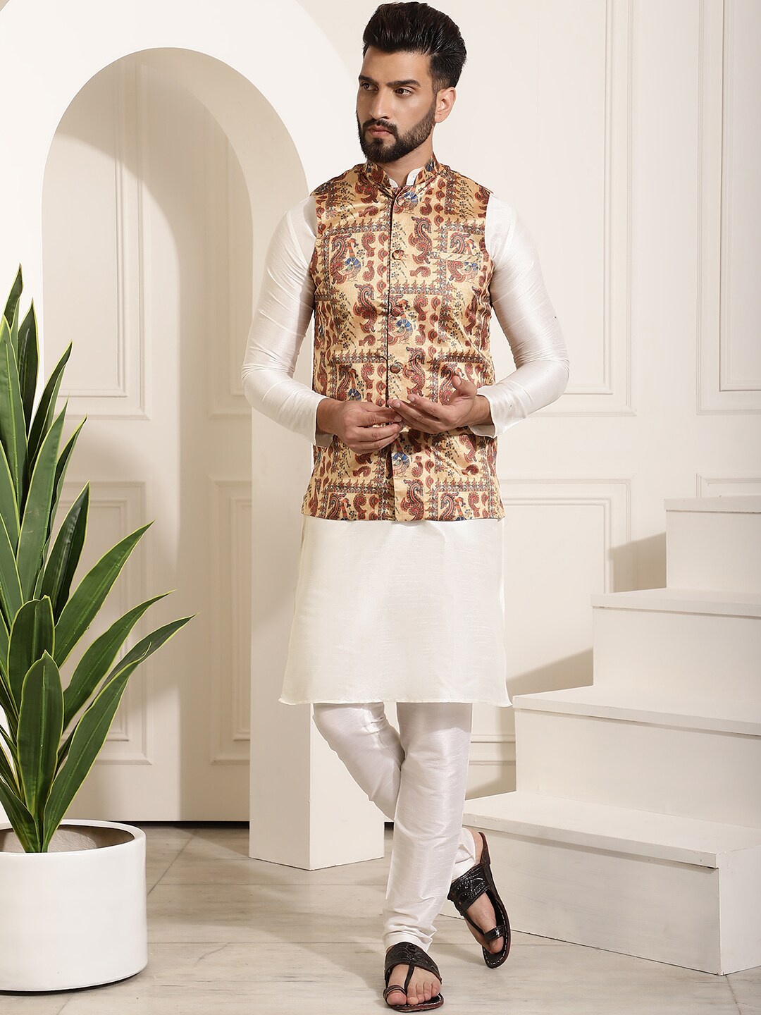 

SOJANYA Mandarin Collar Kurta With Churidar & Printed Nehru Jacket, Cream