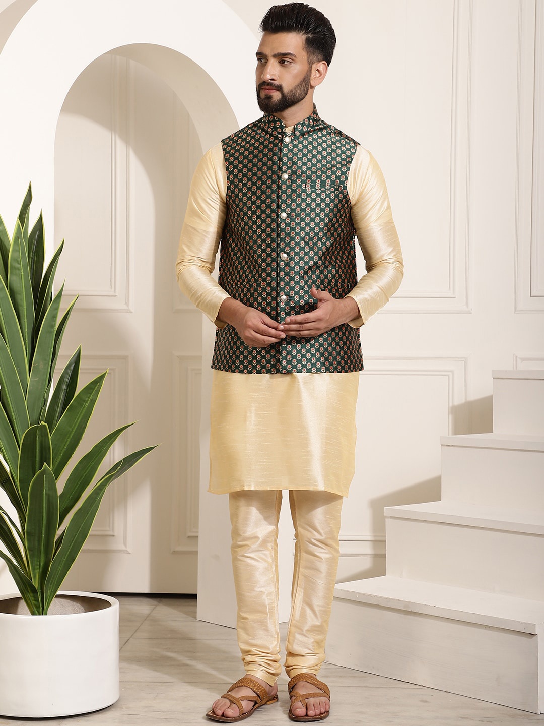 

SOJANYA Mandarin Collar Kurta With Churidar & Woven Nehru jacket, Cream