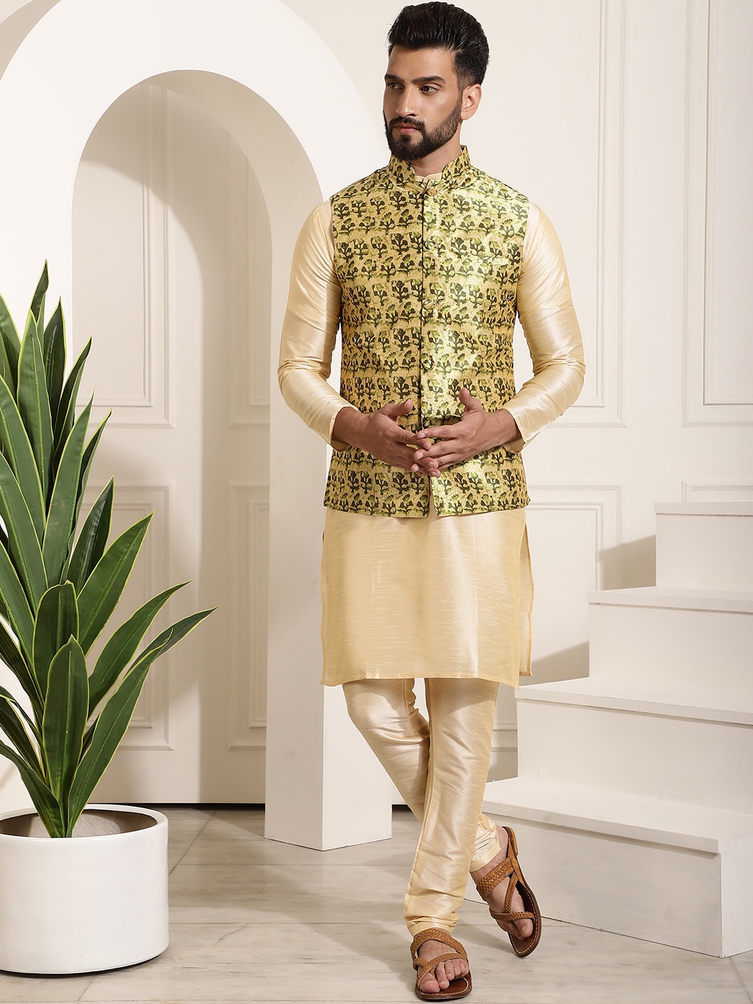 

SOJANYA Mandarin Collar Kurta with Churidar & Printed Nehru jacket, Cream