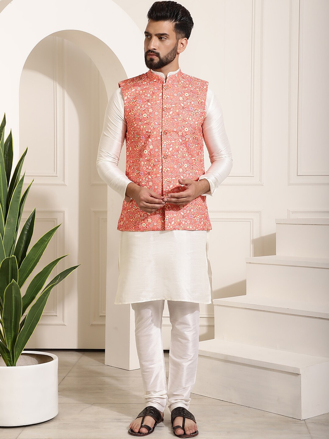 

SOJANYA Mandarin Collar Kurta with Churidar & Printed Nehru jacket, Cream
