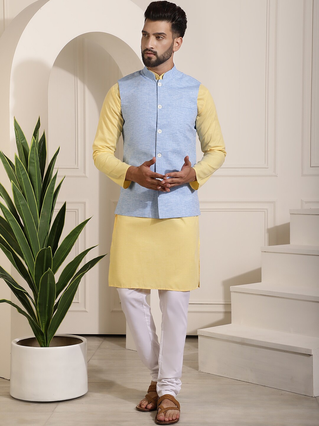 

SOJANYA Mandarin Collar Kurta with Churidar & Nehru jacket, Yellow