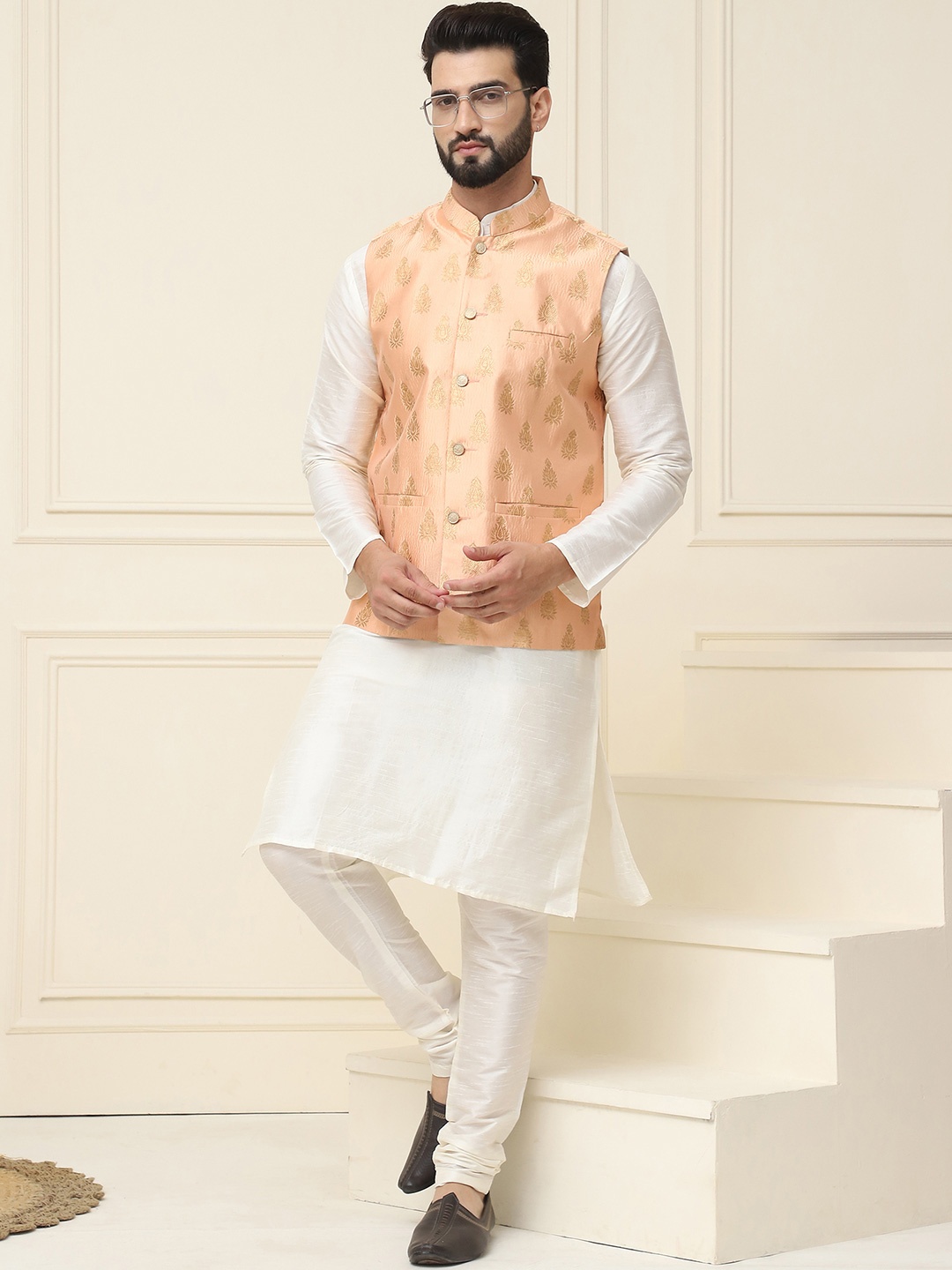 

SOJANYA Mandarin Collar Kurta with Churidar & Woven Nehru jacket, Cream