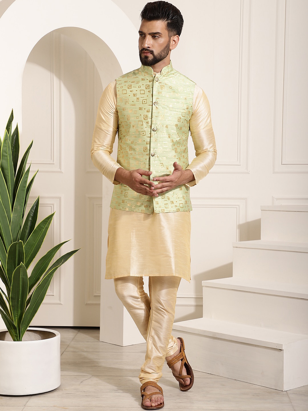 

SOJANYA Mandarin Collar Kurta with Churidar & Printed Nehru jacket, Cream