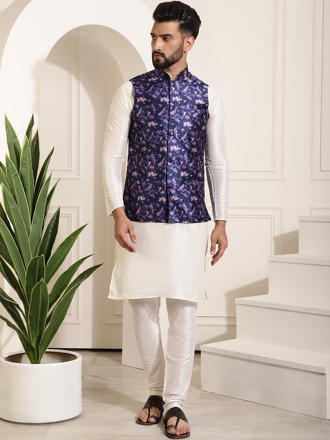 

SOJANYA Mandarin Collar Kurta with Churidar & Printed Nehru jacket, Cream