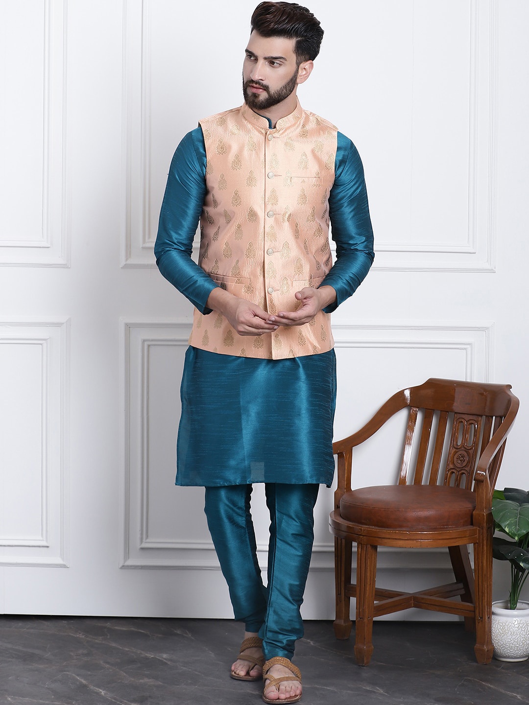 

SOJANYA Band Collar Straight Kurta & Churidar with Nehru Jacket, Teal