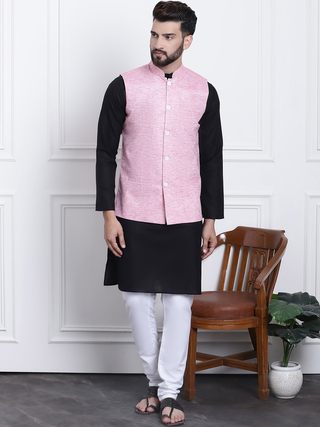 

SOJANYA Band Collar Pure Cotton Straight Kurta with Churidar, Black