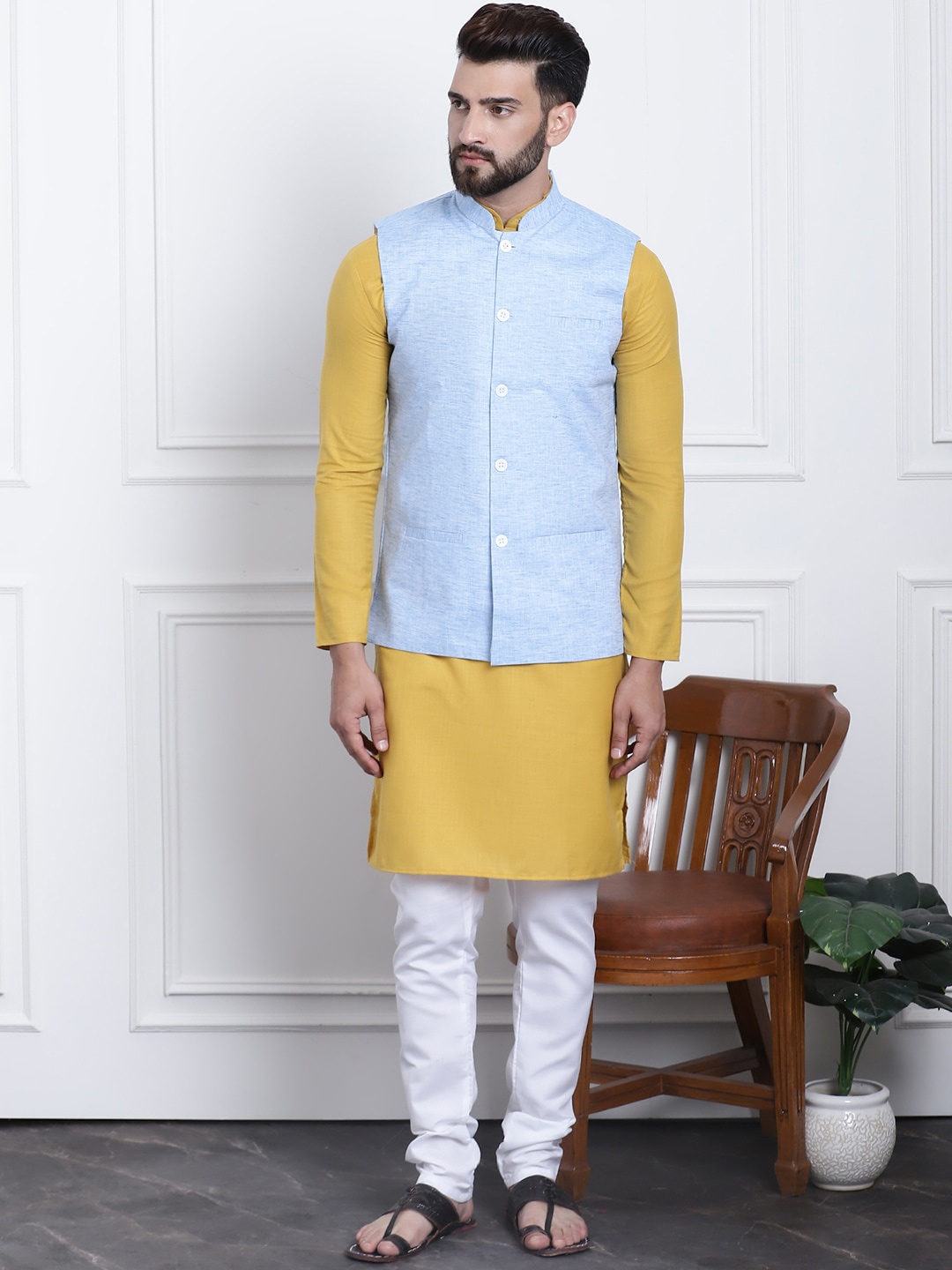 

SOJANYA Band Collar Pure Cotton Straight Kurta with Churidar, Mustard