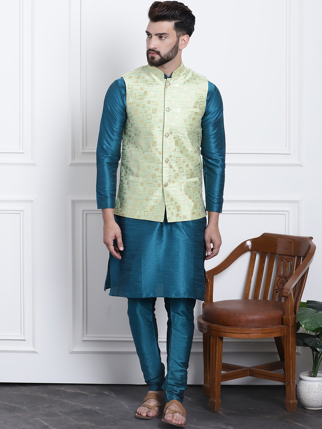 

SOJANYA Band Collar Straight Kurta & Churidar with Nehru Jacket, Teal
