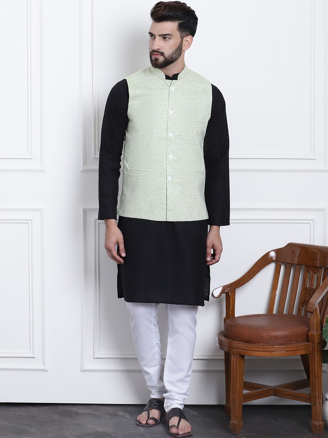 

SOJANYA Band Collar Pure Cotton Straight Kurta with Churidar, Black