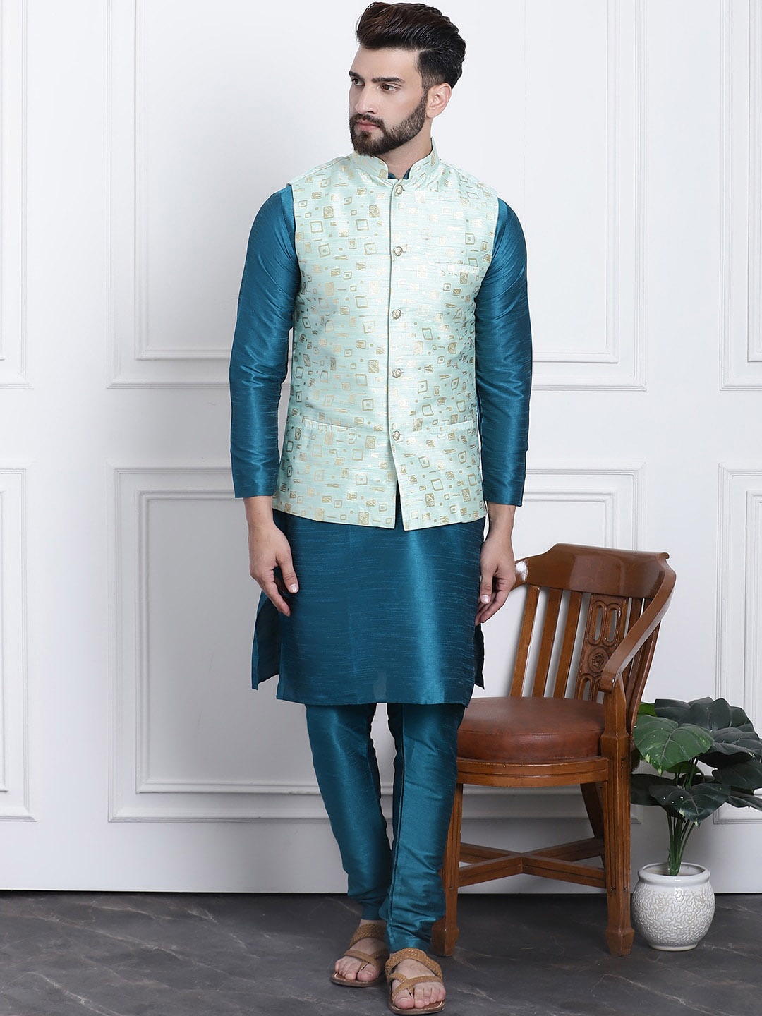 

SOJANYA Band Collar Straight Kurta & Churidar with Nehru Jacket, Teal