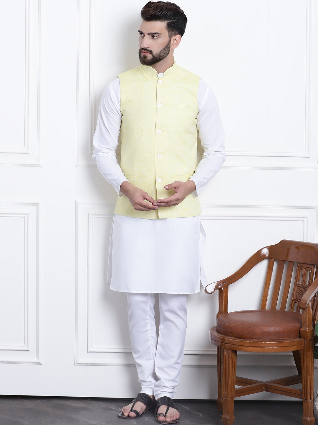 

SOJANYA Band Collar Straight Kurta & Churidar with Nehru Jacket, White