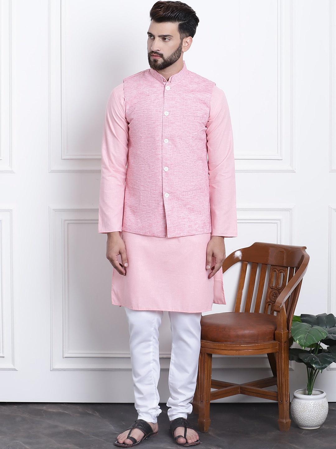 

SOJANYA Band Collar Straight Kurta & Churidar with Nehru Jacket, Pink