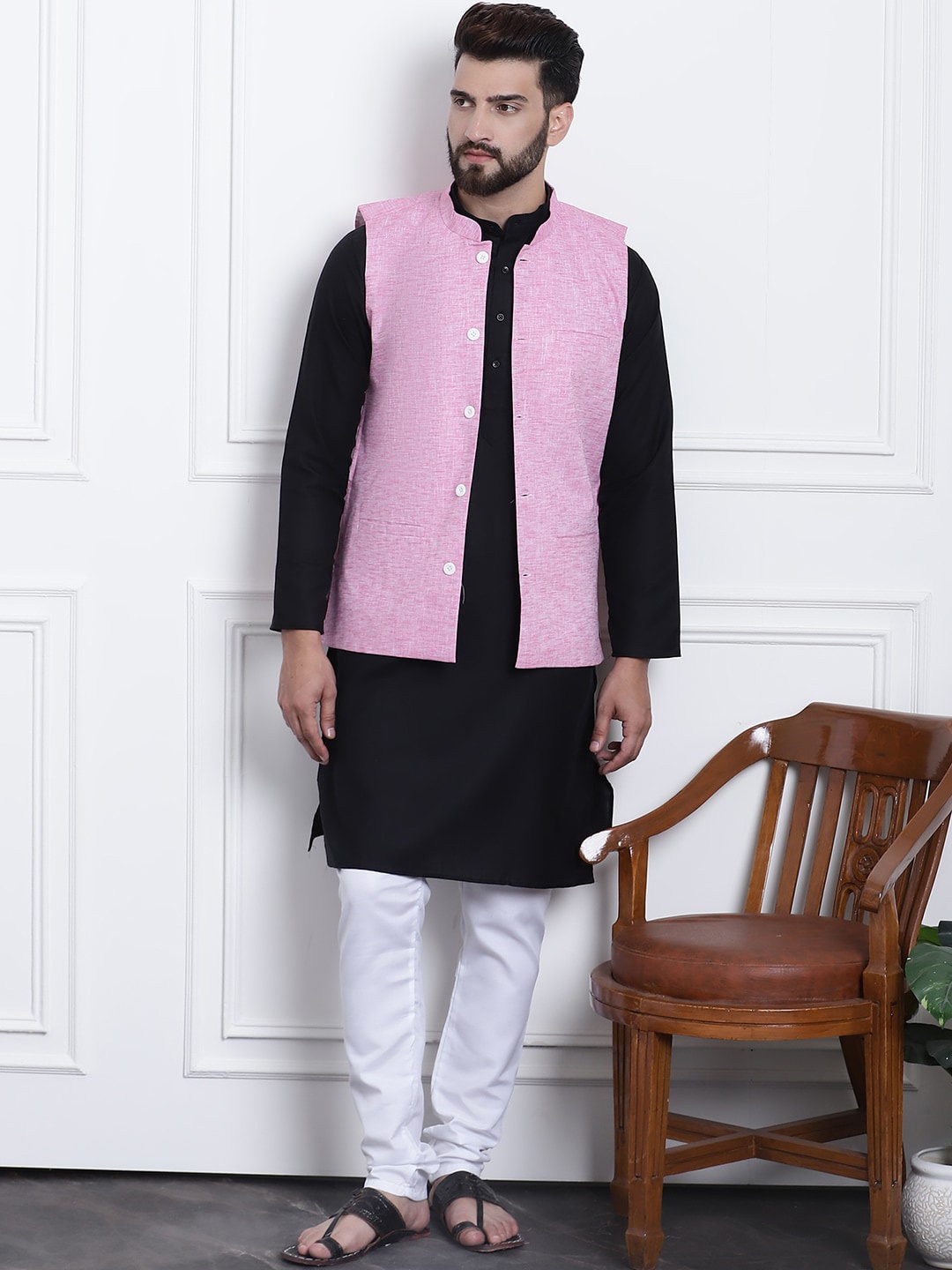 

SOJANYA Band Collar Pure Cotton Straight Kurta with Churidar, Black