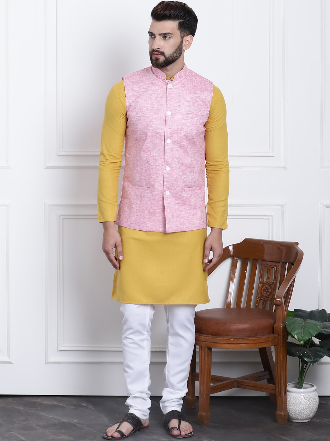 

SOJANYA Band Collar Pure Cotton Straight Kurta with Churidar, Mustard