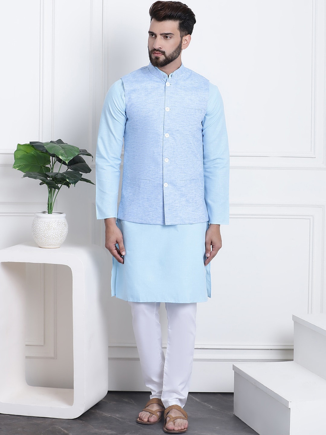 

SOJANYA Band Collar Straight Kurta & Churidar with Nehru Jacket, Blue
