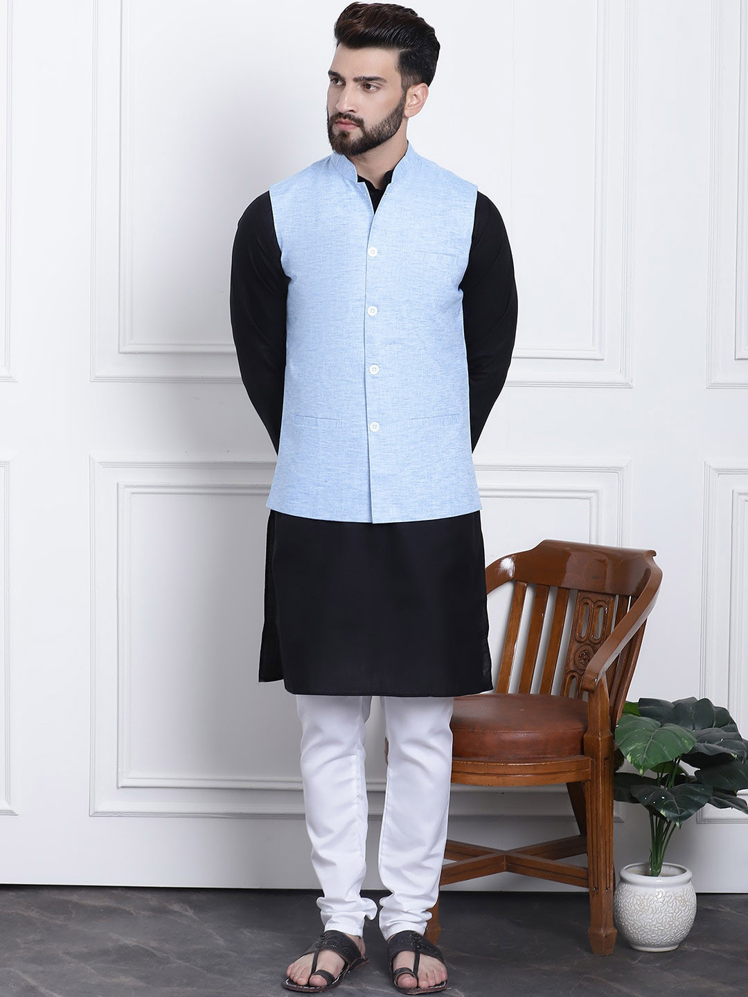 

SOJANYA Band Collar Pure Cotton Straight Kurta with Churidar, Black