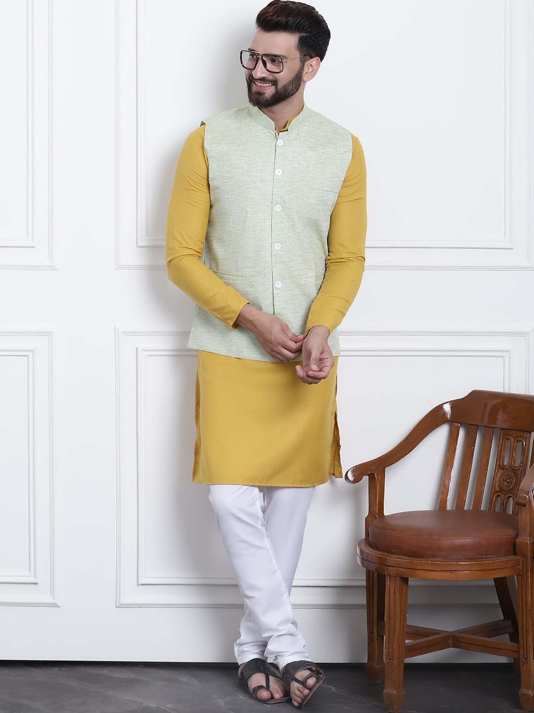 

SOJANYA Mandarin Collar Regular Cotton Kurta & Churidar With Nehru Jacket, Mustard