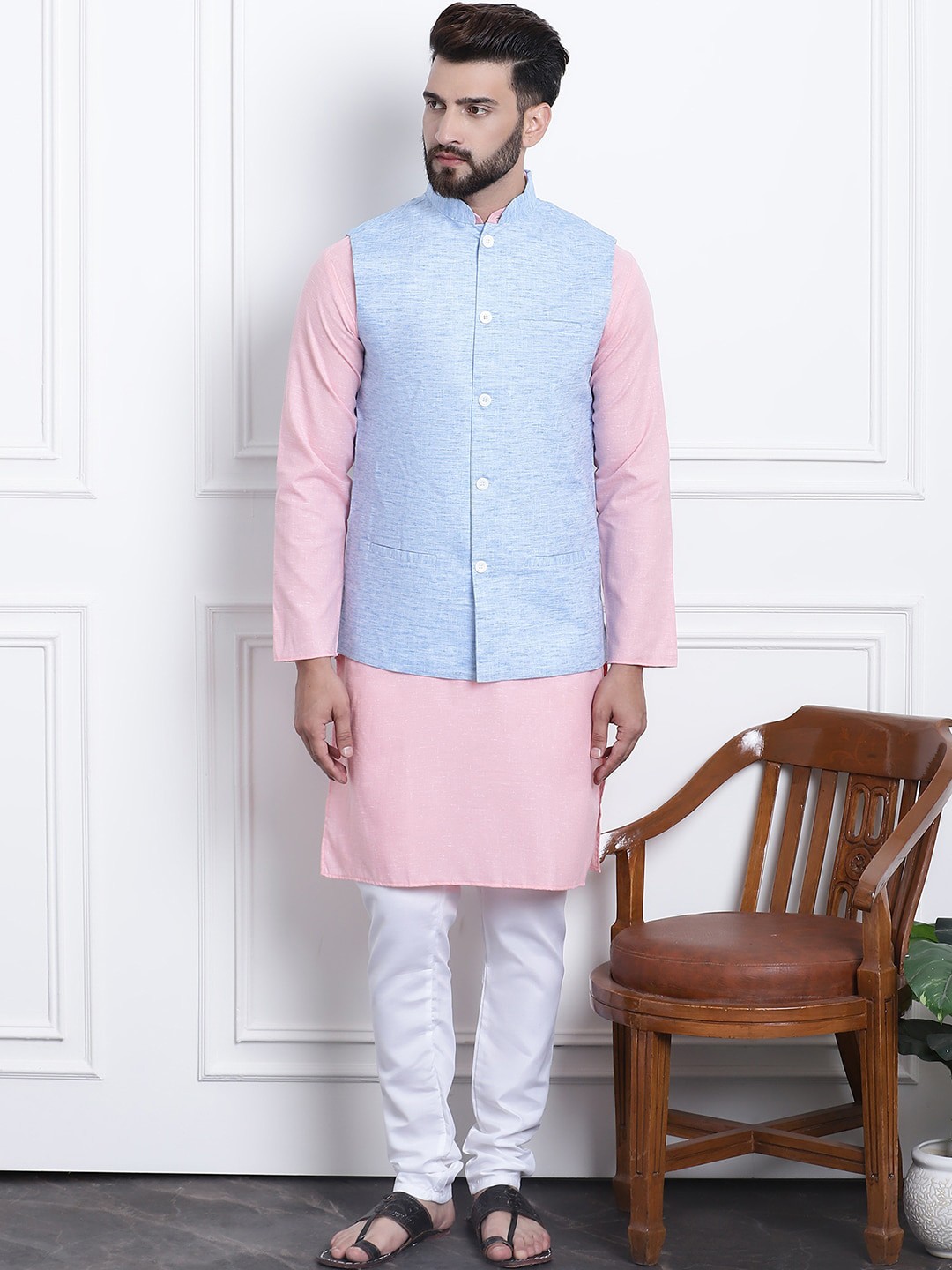 

SOJANYA Mandarin Collar Regular Cotton Kurta & Churidar With Nehru Jacket, Pink