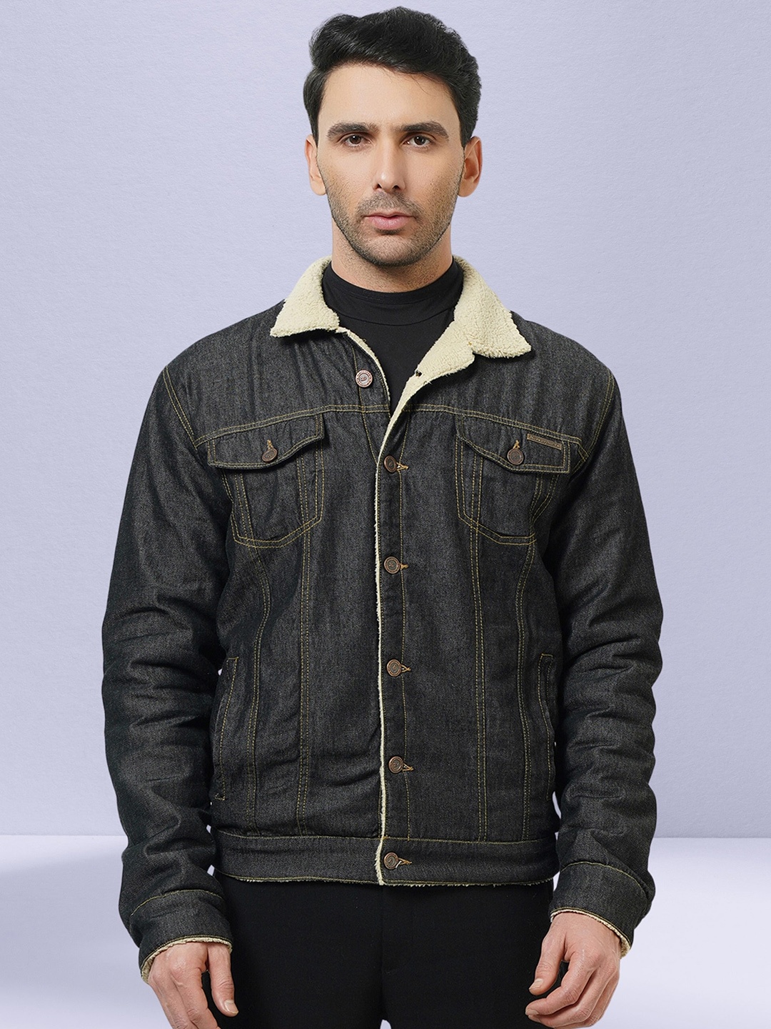 

NUEVOSDAMAS Spread Collar Denim Jacket, Black
