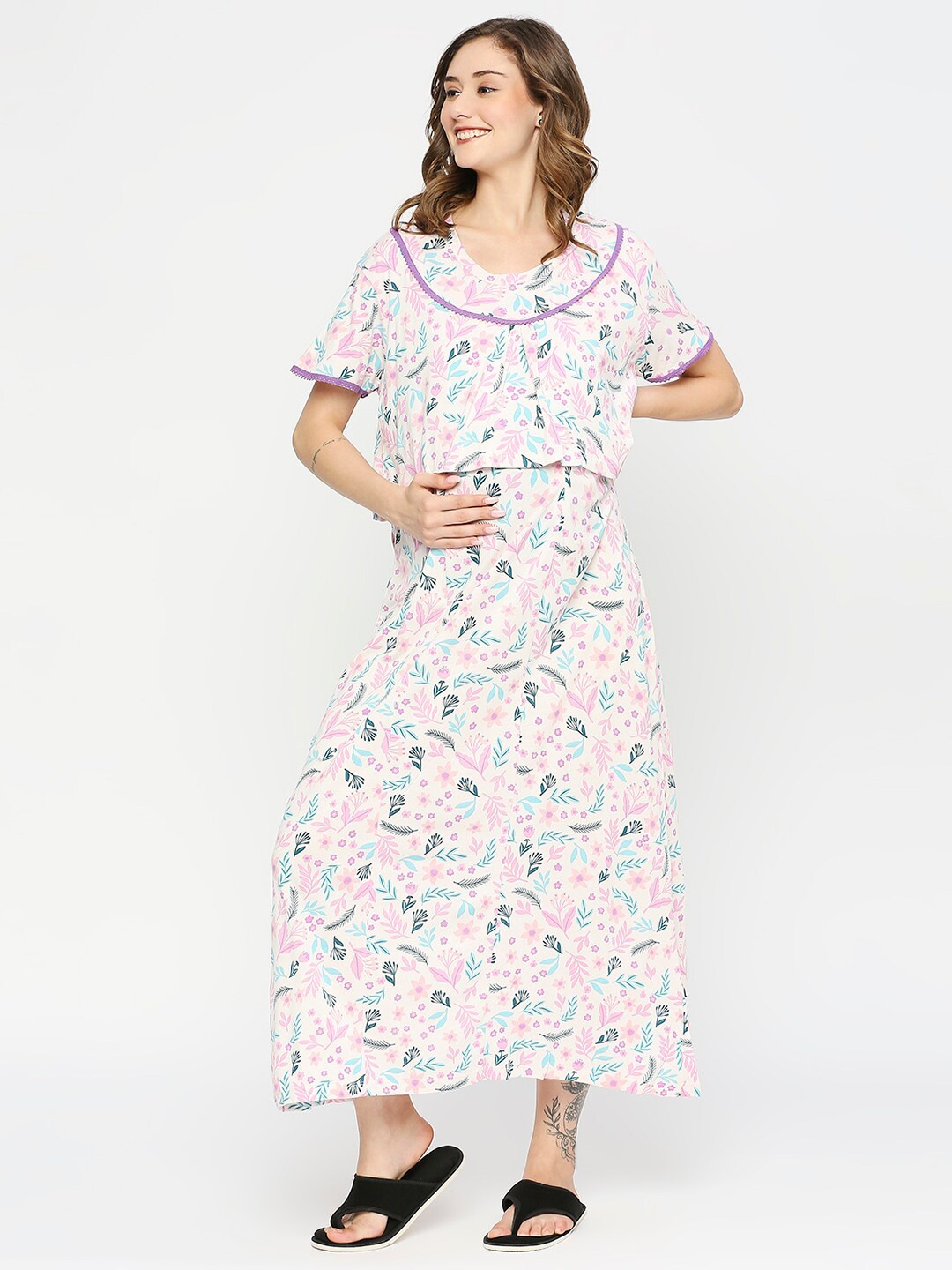 

MeeMee Floral Printed Maternity Maxi Nightdress, White