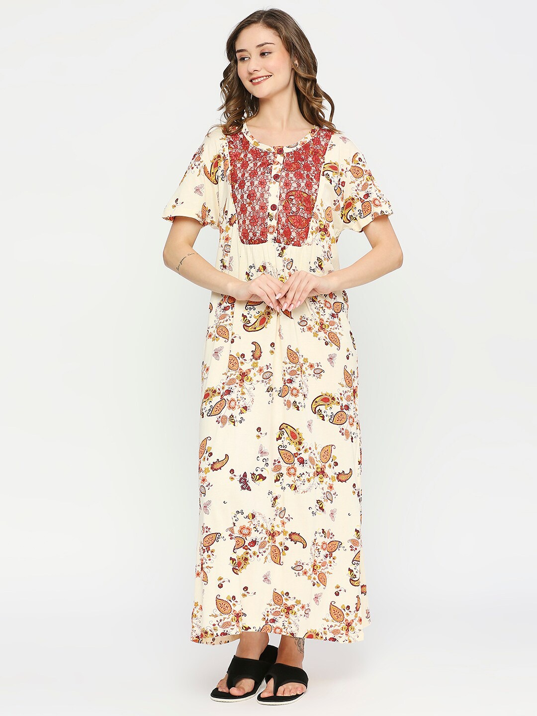 

MeeMee Ethnic Motifs Printed Maternity Maxi Nightdress, Off white