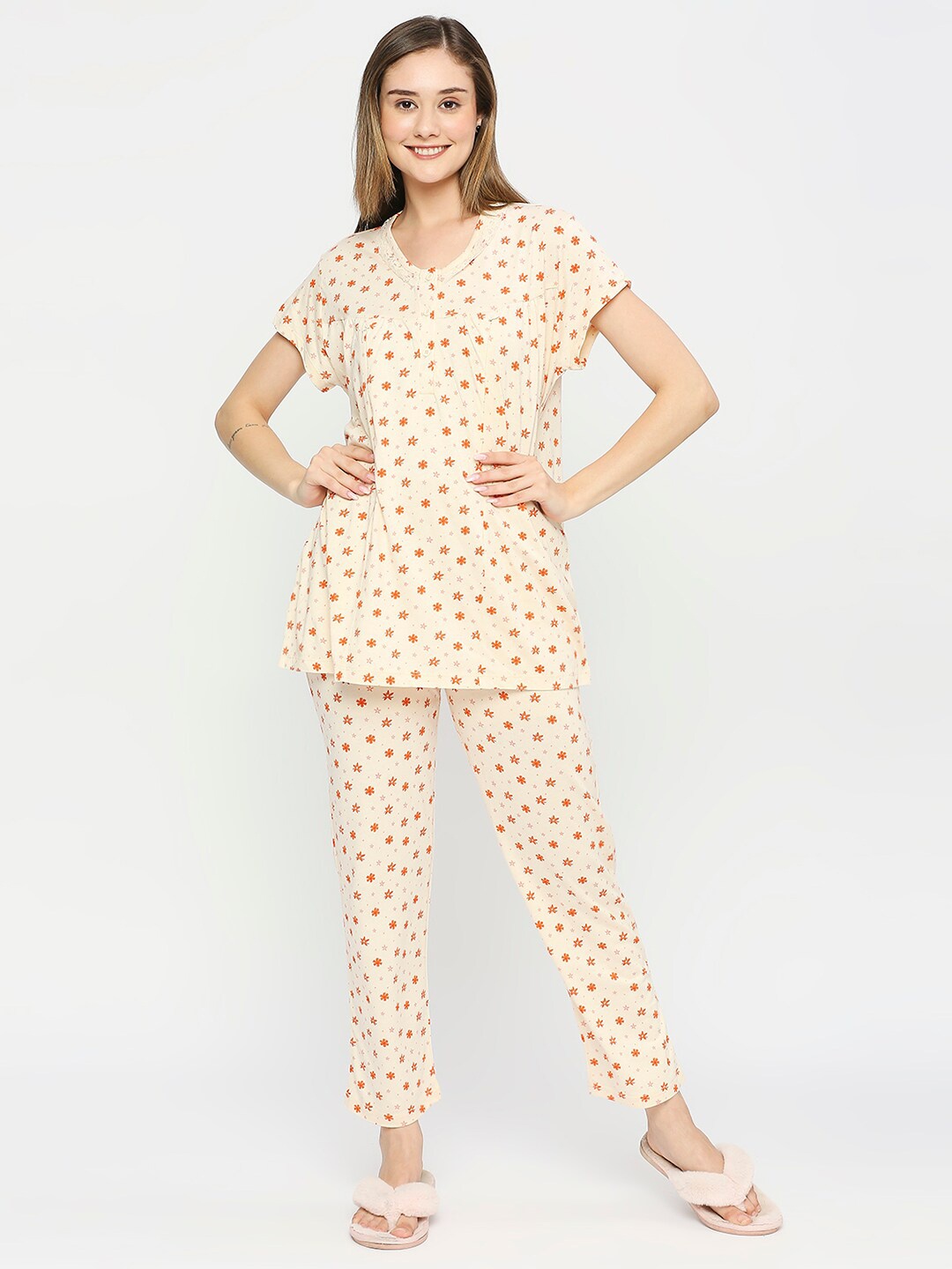 

MeeMee Floral Printed Maternity Night Suit, Orange