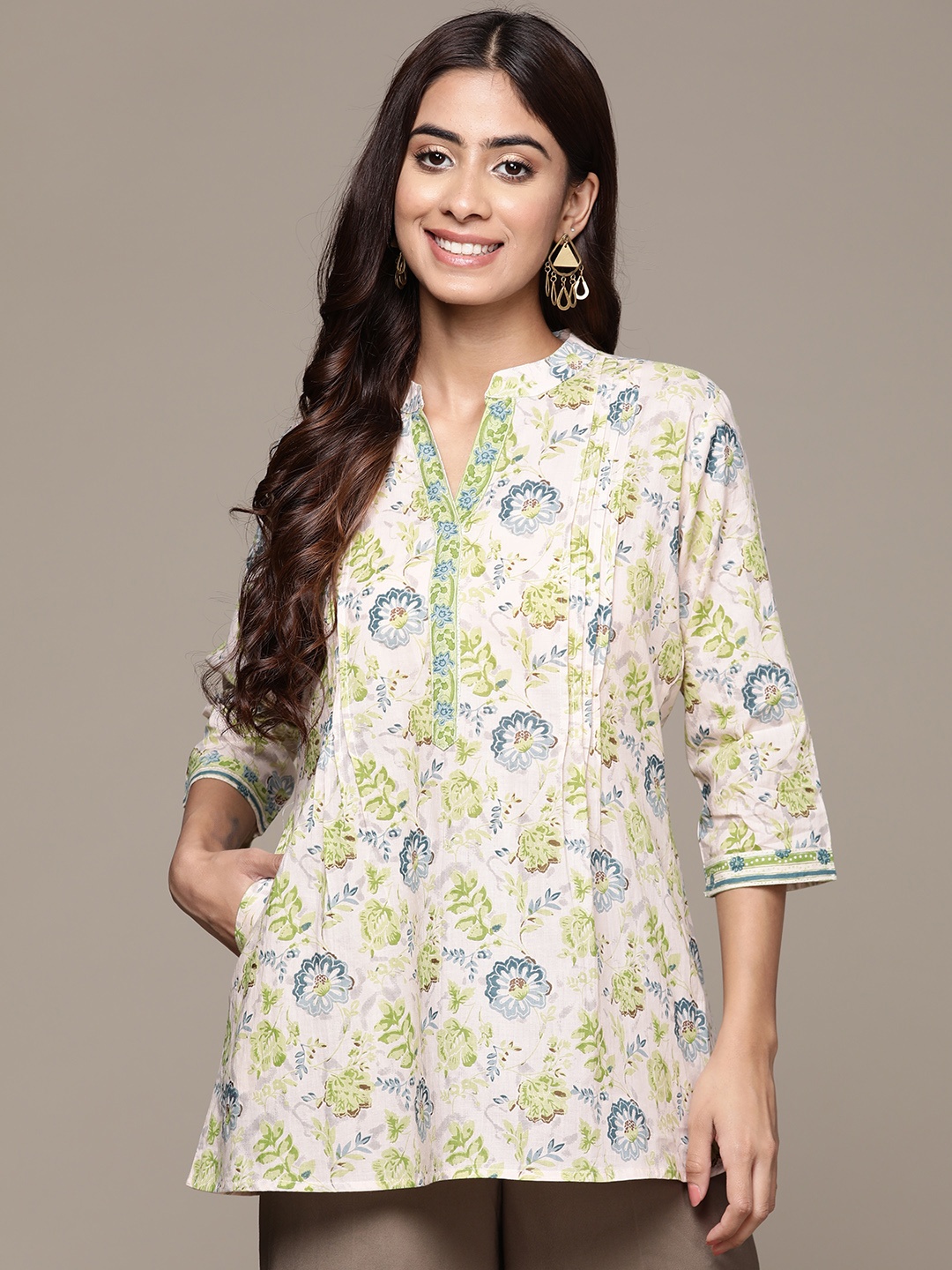 

Anubhutee Floral Printed Pure Cotton Pleated Kurti, Off white