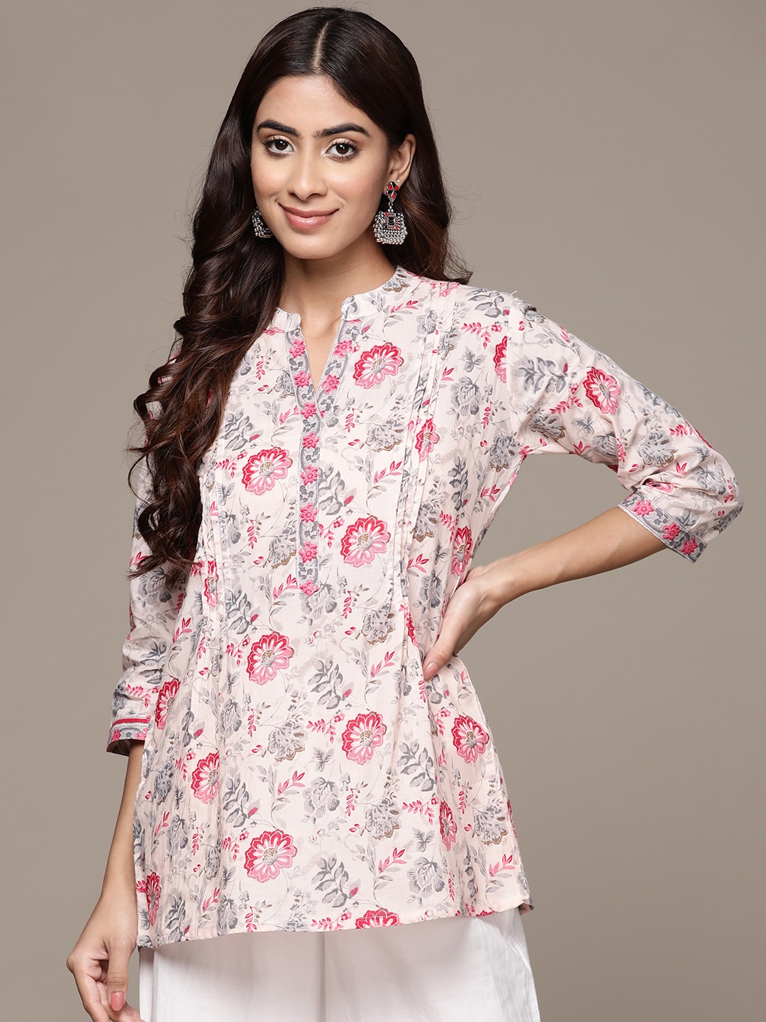 

Anubhutee Floral Printed Pure Cotton Pleated Kurti, Pink
