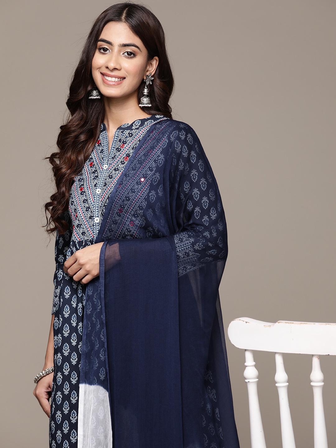 

Anubhutee Women Ethnic Motifs Printed Mirror Work Cotton Kurta with Trousers & Dupatta, Navy blue