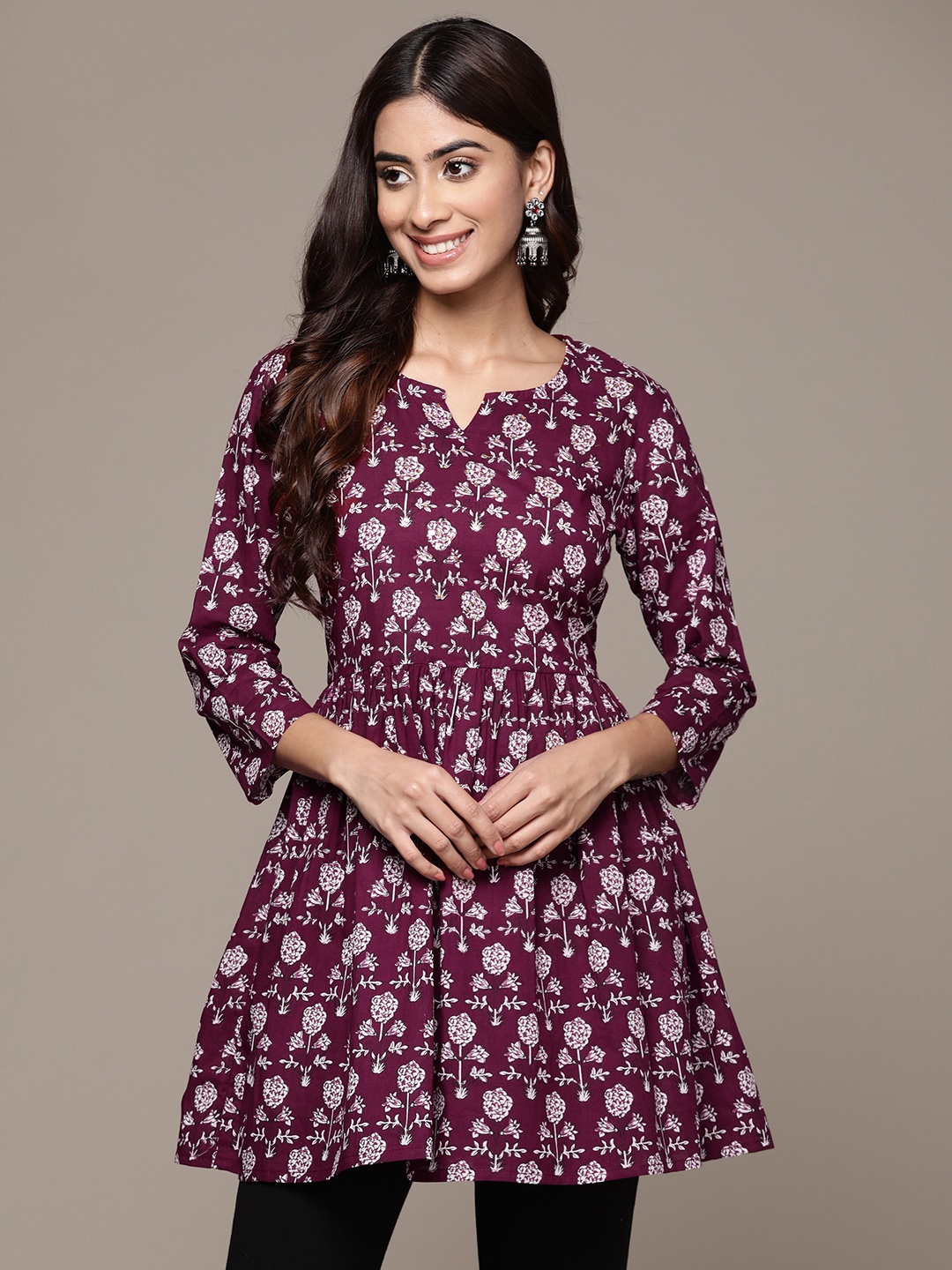 

Anubhutee Floral Printed Pure Cotton Pleated Kurti, Burgundy