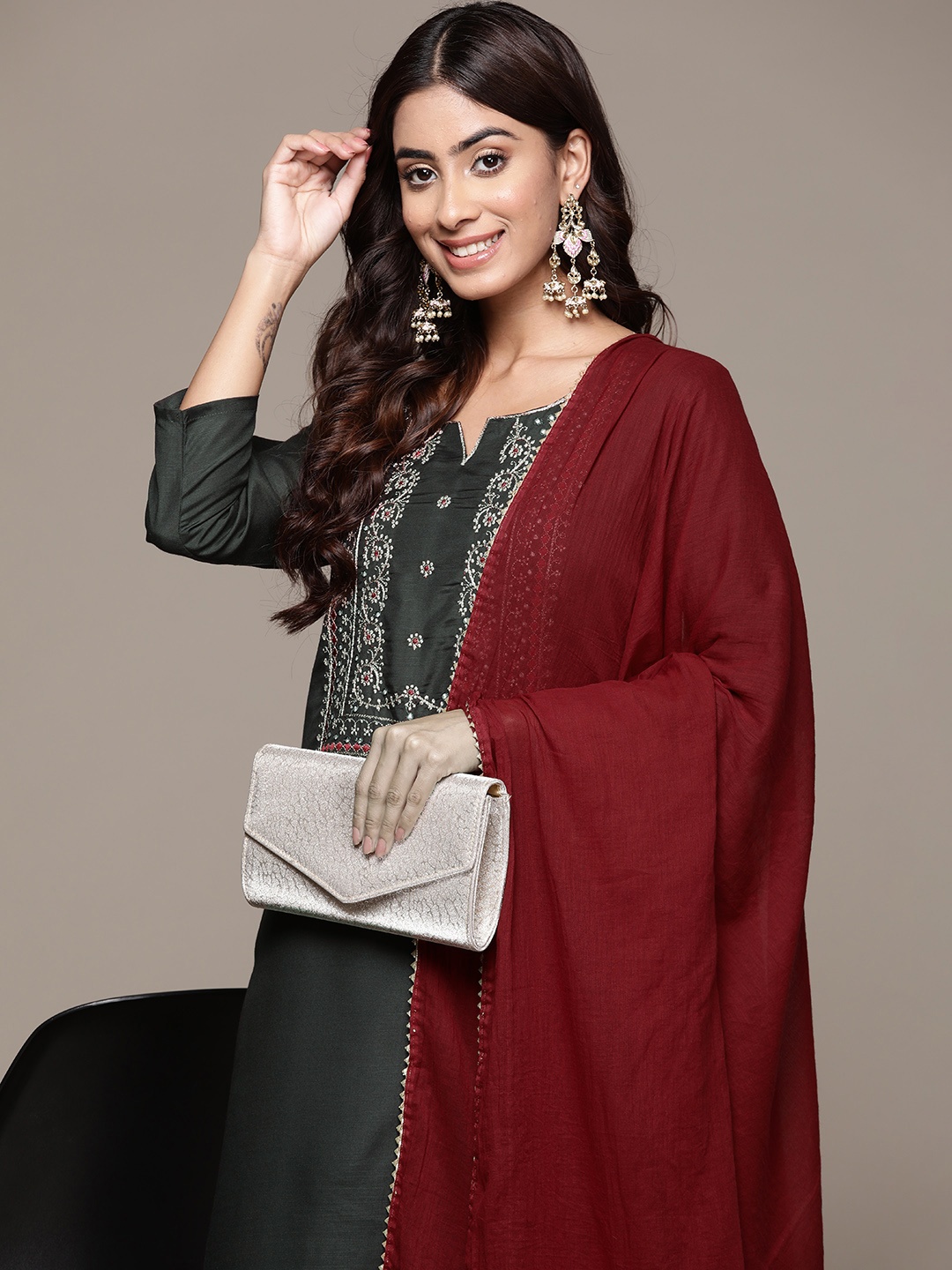 

Anubhutee Women Floral Yoke Design Regular Mirror Work Kurta with Trousers & Dupatta, Charcoal
