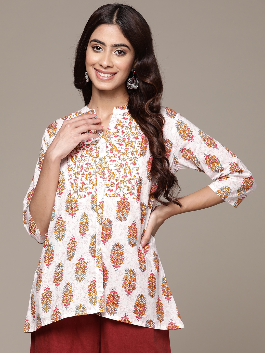 

Anubhutee Ethnic Motifs Printed Pure Cotton Kurti, White